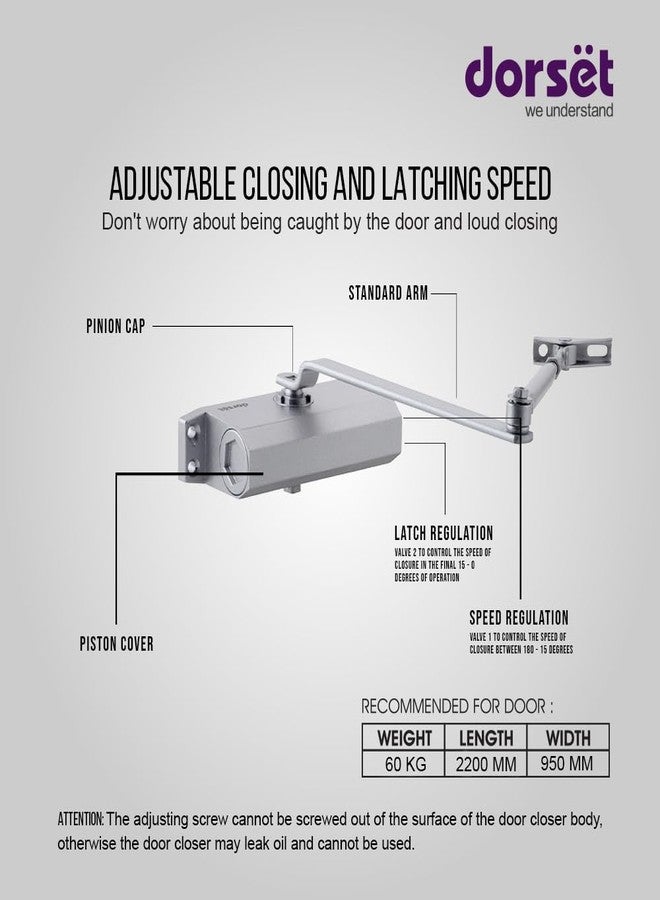 Dorset Door Closer | Hydraulic Auto Door Closer for Wooden & Aluminum Doors | Max Door Weight: 60kg | Max Door Width: 950mm | Adjustable Closing & Latching Speed | Silver Finish | DC60SM - Image 3
